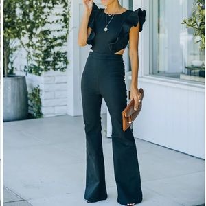 Cotton Blend Flared Denim Jumpsuit